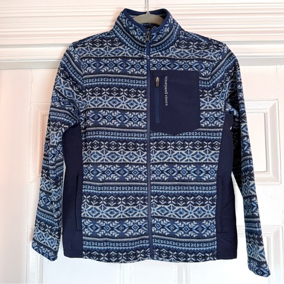 NWT Vineyard Vines Boy’s Fairisle Sweater Fleece Print Jacket Blue Deep Bay M - Picture 1 of 13